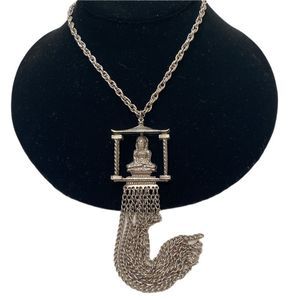 Vintage Silver Chain Link Necklace Goddess Pendant With Tassels
